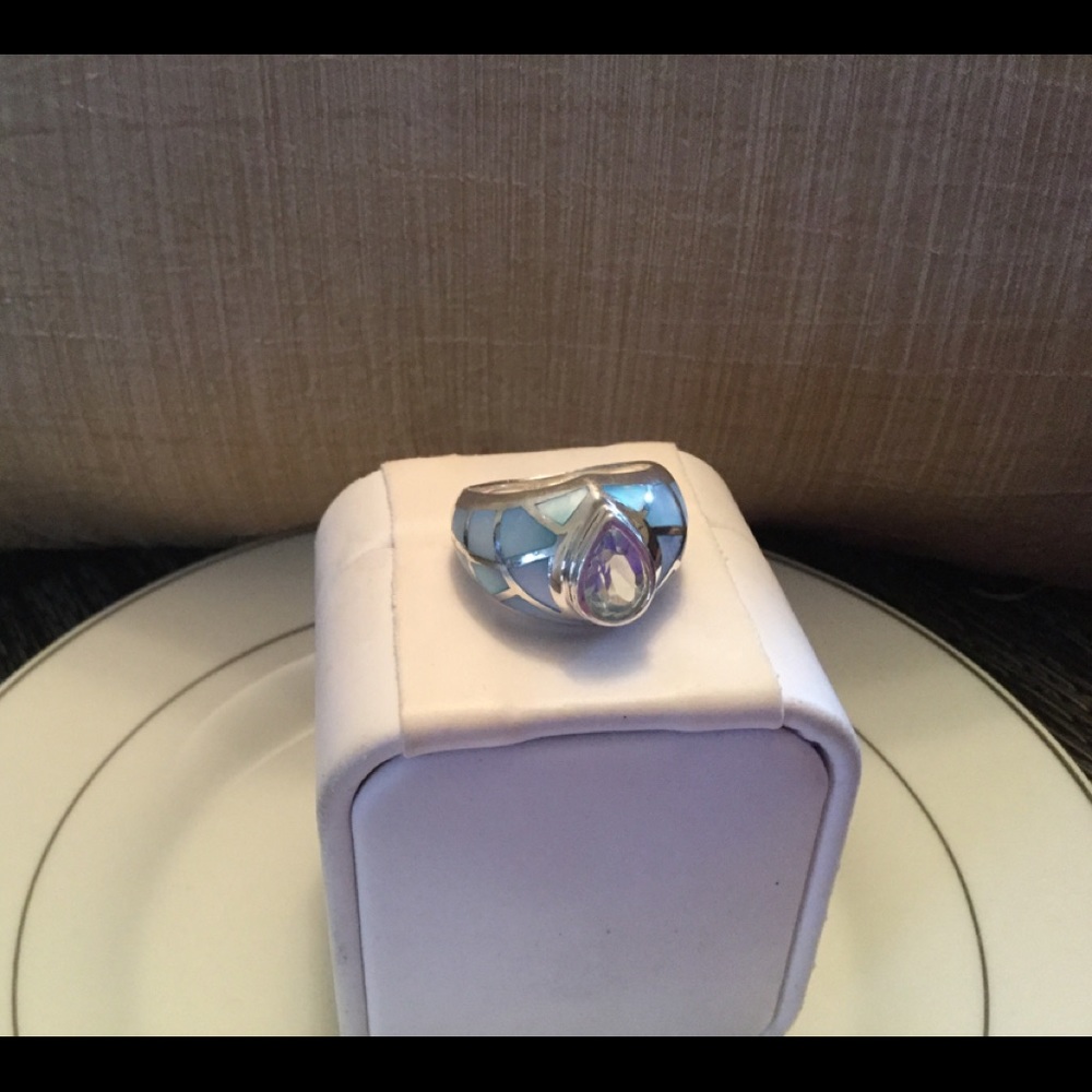 Sterling Silver Blue Topaz with inlaid MOP ring